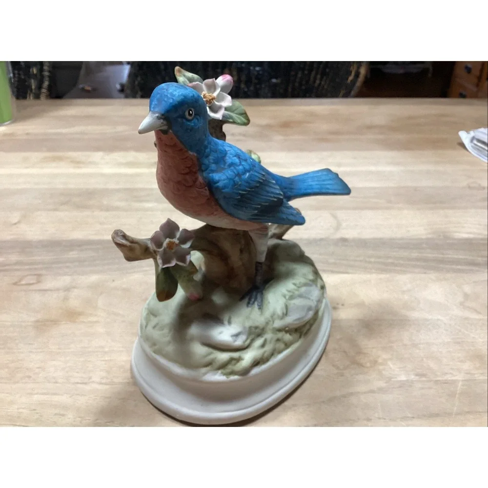 Vintage Porcelain Blue Jay On Branch Bird Figurine Decorative Plays Music